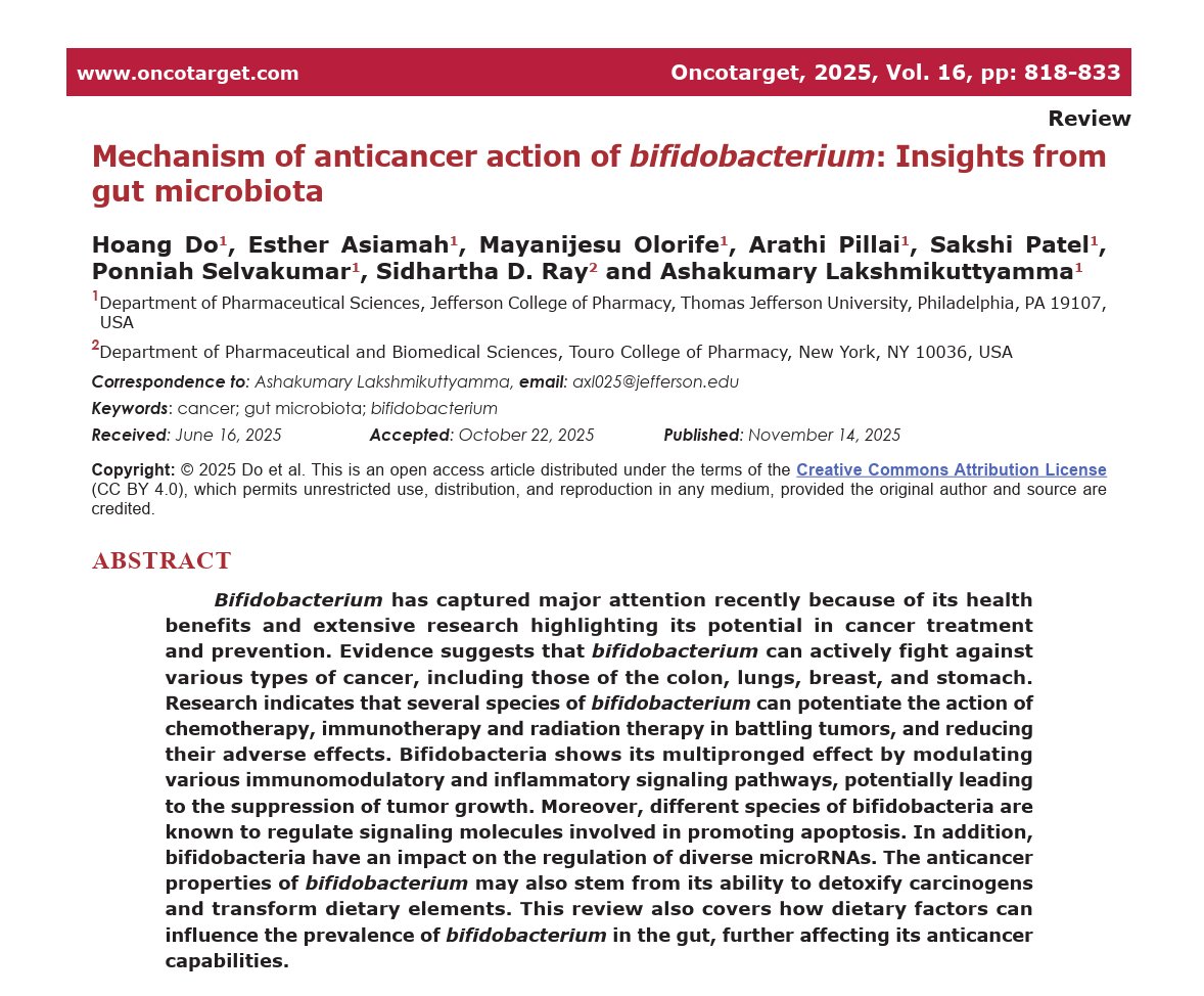 「ビフィズス菌」が、がんの“治療と予防”の両方で活躍する可能性を示唆する論文。
ビフィズス菌は、定期的に摂取するとがん細胞の増殖を抑え、免疫療法（PD-1抗体など）や化学療法の効果を増強し、その副作用を軽減すると示唆された。腸内環境を整えることが、がんとの闘いを支える鍵かもしれない。