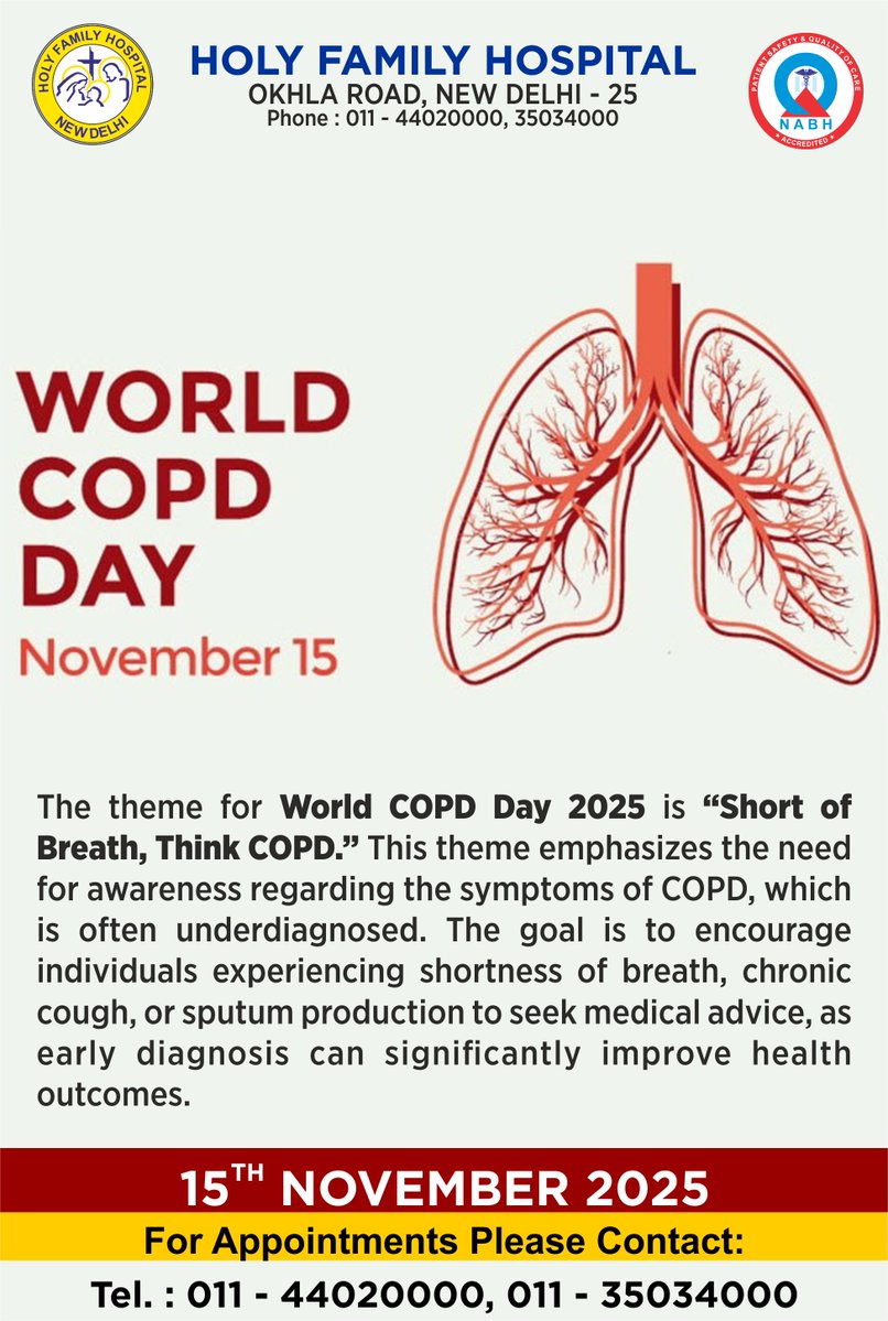 HolyFamilyHosp1's tweet image. It’s #WorldCOPDDay! Holy Family Hospital is committed to raising COPD awareness and supporting better lung health for all.
#BreatheEasy #COPDCare