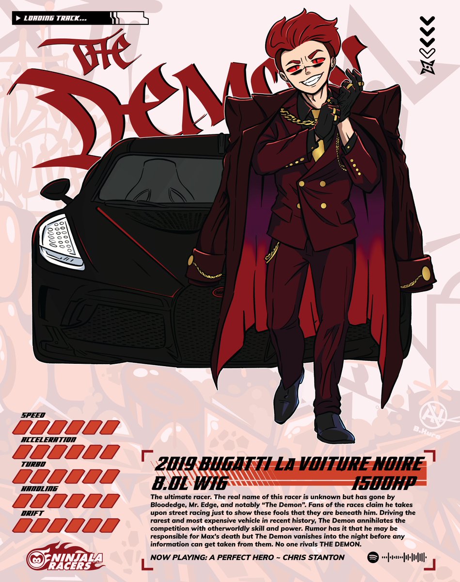 BookerKuro's tweet image. Straight from shadows come The Demon! This unmatched racer cannot be rivaled, no road can contain him. Challenging him is a highway to Hell 👿
#NinjalaRacers 
#Ninjala #ニンジャラ #Ninjalaart