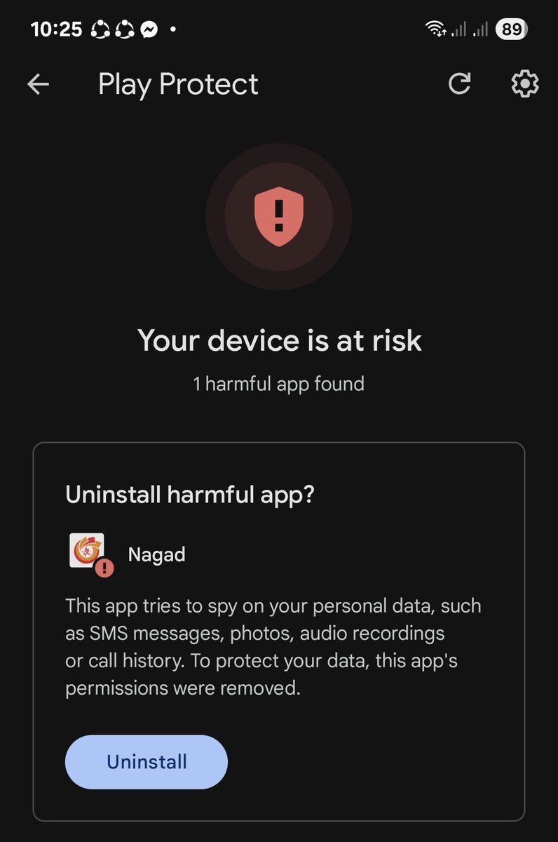 🚨 Important Security Alert for Nagad Users
Google Play Protect has flagged the latest Nagad app update as potentially harmful.
Multiple users are reporting suspicious permission requests involving SMS, photos, audio &amp; call logs.

If you have the Nagad app installed, consider:
✔️