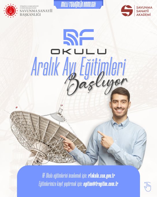 First image displays a promotional poster for RF Okulu with logos of Savunma Sanayii Akademi and related organizations at the top, a man in a light blue shirt pointing towards a satellite dish illustration on the right, text in Turkish announcing advanced aviation training programs starting, and contact details at the bottom including website and email. Second image shows another poster with similar logos, text detailing capsule systems habilitation training from 8-10 December and ground radio training from 22-24 December, with blue accents and official contact information.
