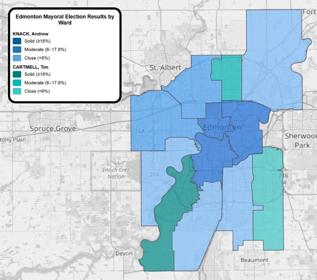 nathanlgoetz's tweet photo. Decided to take some time and map out how different parts of Edmonton voted in the mayoral election.  You can definitely see some interesting geographic patterns throughout the map.

Poll by Poll:
https://t.co/Umm99r8UwN

By Ward:
https://t.co/UBUcYKwVS3 https://t.co/Y6ZJAGN2a2