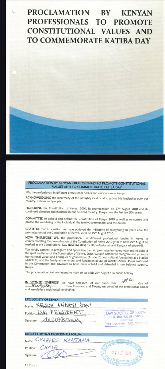 ckanjama's tweet photo. Subsequently as KCPF Chair, rallied 20 professional bodies to issue the inaugural Katiba Day Proclamation, recognising 27th August as commemoration of Katiba Day. Now also taken up by human rights orgs + government! https://t.co/uNPpdyE2f0