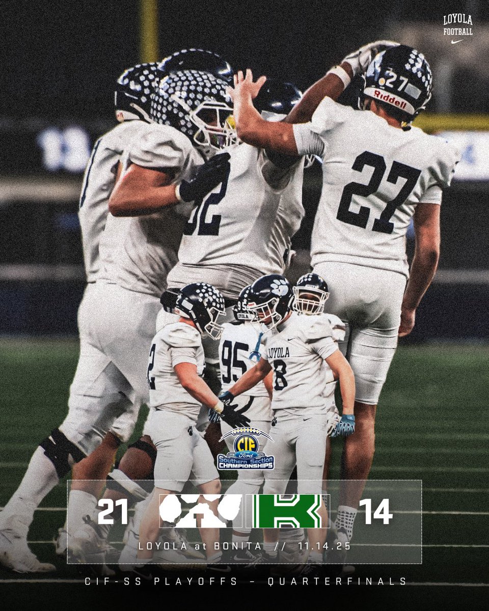 𝙁𝙄𝙉𝘼𝙇 𝙁𝙊𝙐𝙍 𝘽𝙊𝙐𝙉𝘿: <a href="/LoyolaFB/">Loyola Football</a>

FINAL | Loyola 21, Bonita 14 • Your Cubs grind it out for a rainy road W and are headed to the CIF Semifinals. 

UP NEXT: Loyola will now host Redondo Union next Friday (Nov. 21) at 7PM. See you at Smith! #LoyolaFootball | #GoCubs