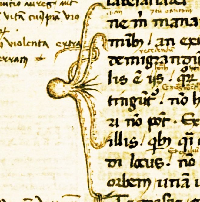 The arms of an octopus were used to mark specific parts of this page that were of importance or interest   -   14th century, Bancroft Library, BANC MS UCB 085