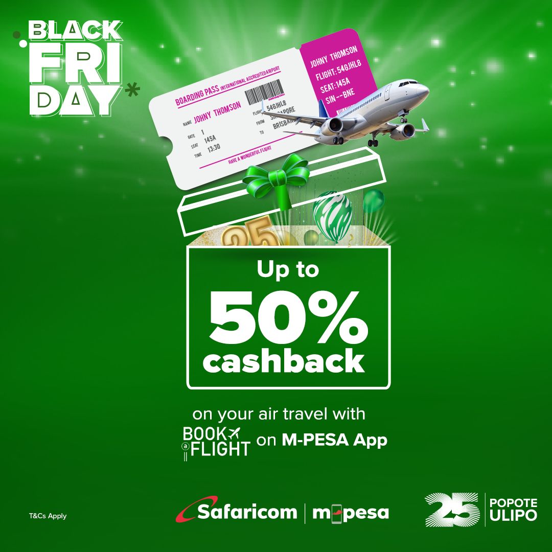 Book your ticket via the M-PESA App and enjoy up to 50% cashback! Experience convenient &amp; seamless booking directly on the M-PESA App @m_pesakenya
#DoMoreWithMpesa #SafaricomAt25 #blackFriday @safaricomplc