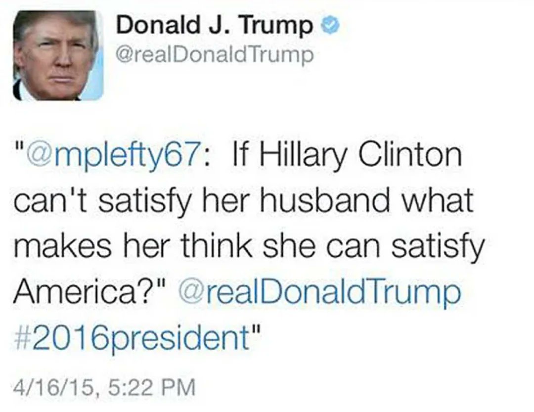 A Trump tweet from 2015 talking about Bill Clinton’s sexual satisfaction