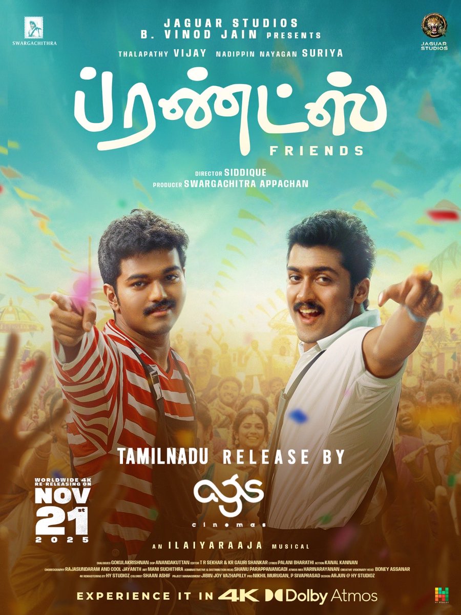 ijaguarstudios's tweet image. Most Lovely Friendship Movie #Friends Theatrical Rights Have been bagged by @agscinemas .The Countdown Starts Now 💥

Full 4K release on Nov 21st!

Are you ready?
Tag your gang now! 👇
#FriendsReRelease #TagYourFriends 

#FriendsForever 💗
Duo Combo @actorvijay &amp;amp; @Suriya_offl
