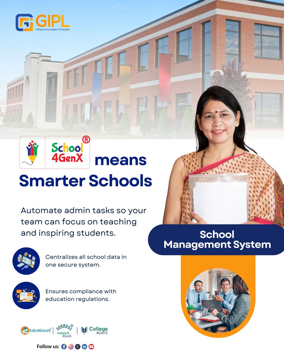 gipl2001's tweet image. School4GenX = Smarter Schools
With #School4GenX, schools can simplify daily operations, manage data effortlessly, &amp;amp; give teachers more time to do what they do best, teach, inspire &amp;amp; guide the next generation.
.
#School4GenX #GIPL #SchoolManagementSystem
.
gipl.in