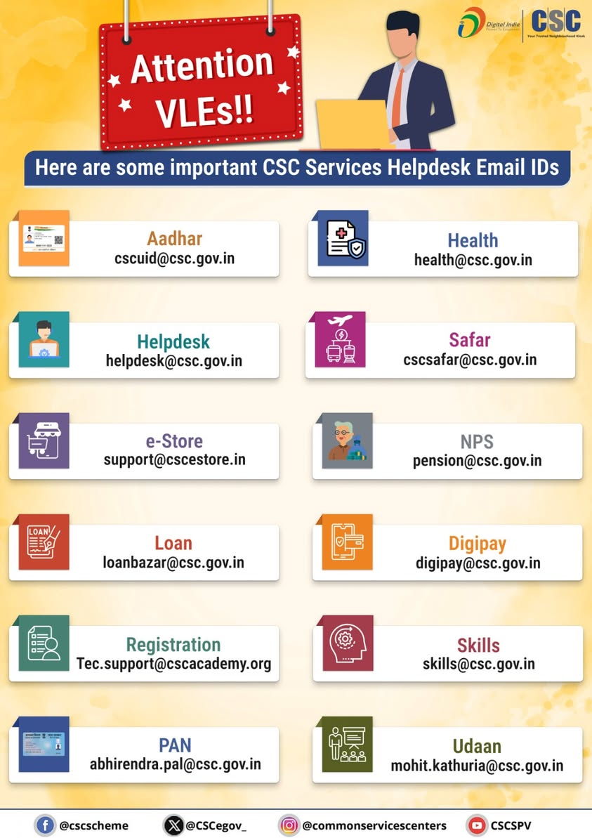 CSCegov_'s tweet image. 📢 Attention VLEs

Please find below a list of important #CSC Services Helpdesk Email IDs.

For any queries related to specific services, you are requested to reach out to the respective helpdesk email ID mentioned.

Stay connected and get your issues resolved quickly through the…