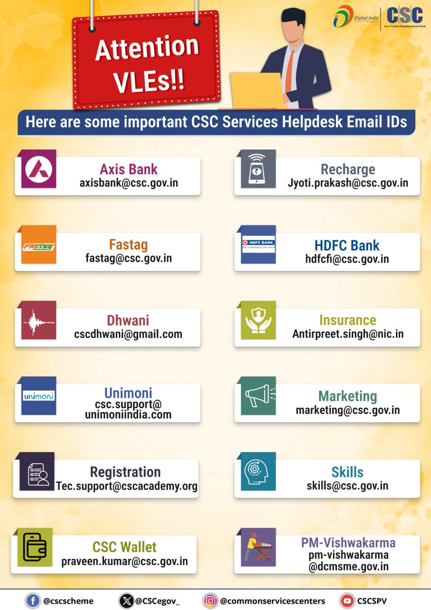 CSCegov_'s tweet image. 📢 Attention VLEs

Please find below a list of important #CSC Services Helpdesk Email IDs.

For any queries related to specific services, you are requested to reach out to the respective helpdesk email ID mentioned.

Stay connected and get your issues resolved quickly through the…
