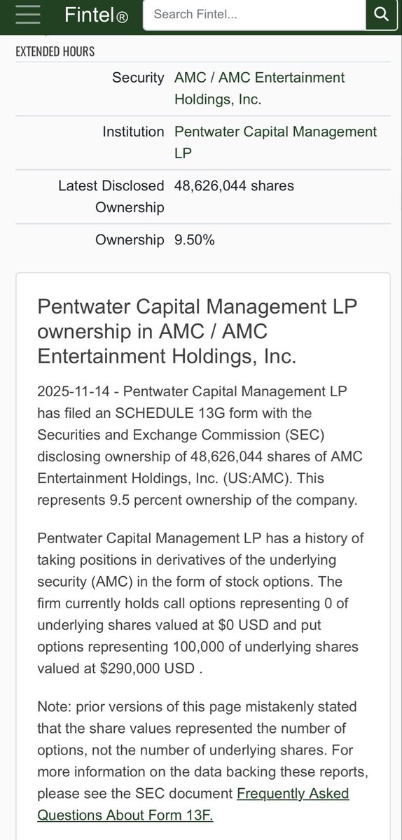 Thursday (Nov 13)  $UBS declared acquisition of more than 4% of the $AMC float, yesterday (Nov 14), Pentwater declared 9.5% ownership…. No dates, but it’s not far fetched to believe the recent brutal drop in #AMC to new ATL is the real dip before the rip.