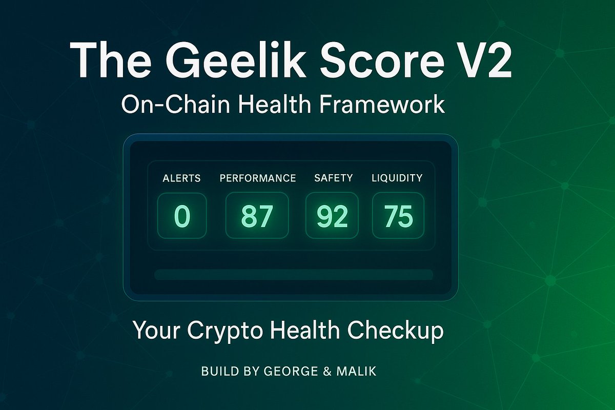 Solphenna's tweet photo. Announcing The Geelik Score V2: Your On-Chain Health Framework.

Tired of guessing which protocols are healthy and which are hype?

I built a system that turns complex on-chain data into a simple 0-100 health score.

A thread on how it works... 👇 https://t.co/bJpevCrJwy