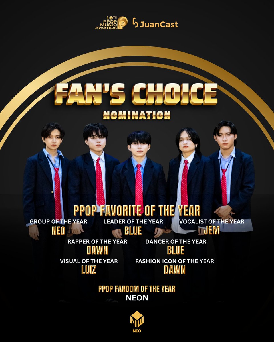 PPOP Music Awards Fan's Choice on Juancast voting is currently ongoing.

🗳️Voting Method
Visit juancast.ph or via app➡️Check the poll banner nomination➡️Then cast your stars

🗓️ Voting Period
~ 11/27 (Thurs) 9:00 PM (PST)

We ask for your warm participation, NEON💚