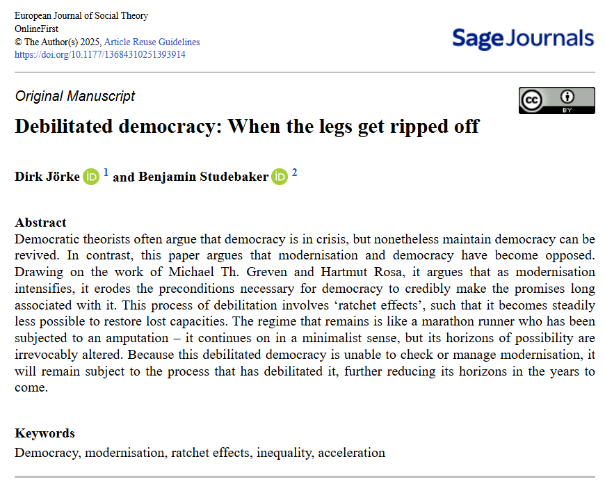 BMStudebaker's tweet photo. Very pleased to announce that Dirk Jörke and I have published a new article in the European Journal of Social Theory! It's open access, so you can read &amp; download it for free. Link below https://t.co/lkXmbrO3uV