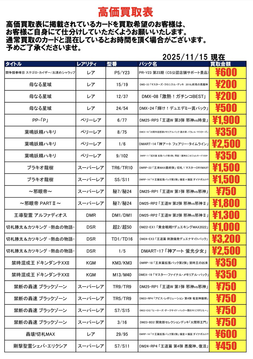 買取情報】 デュエマ強化買取中✨ リストの対象カードをお持ち頂いた