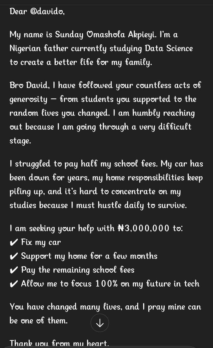 AkpieyiOSunday's tweet photo. @davido I need your support to fulfill my dream before Bp go kpai persin papa. A humble request  from a father #Ineedyourhelpdavido #greatphilantropist #Ineedhelp https://t.co/V2JfQOxtZL