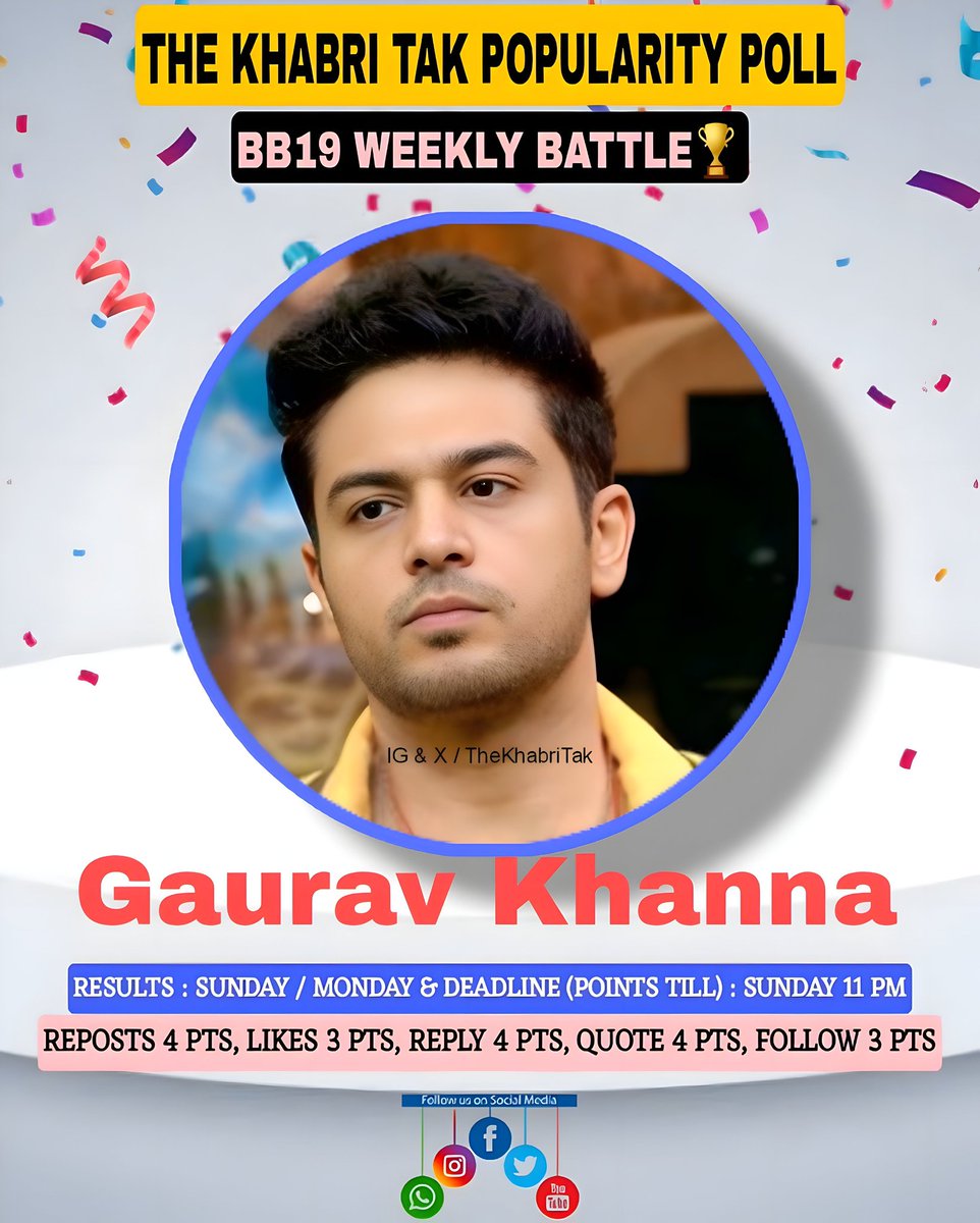 TheKhabriTak's tweet photo. POPULARITY POLL : WEEK - 12 

- Retweet🔁
- Like❤️
- Quote with Contestant Hashtag
- Comment with Contestant Hashtag

#BiggBoss #BB19 #BiggBoss19 #GauravKhanna        

@TheKhabriTak | @iamgauravkhanna https://t.co/AngPbdiZDG
