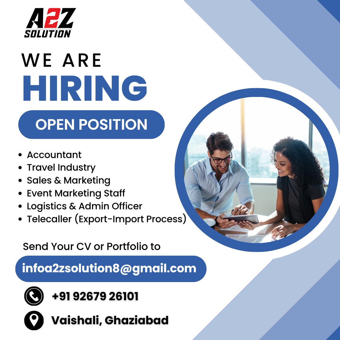 SunderBhati01's tweet image. A2Z SOLUTION – WE ARE HIRING!

Looking for a great career opportunity?
Send Your CV or Portfolio to 📧 infoa2zsolution8@gmail.com

✨ Apply now and take the next step in your career!
#A2ZSolution #HiringNow #JobVacancy #GhaziabadJobs #DelhiNCRJobs #FreePlacement #ApplyNow