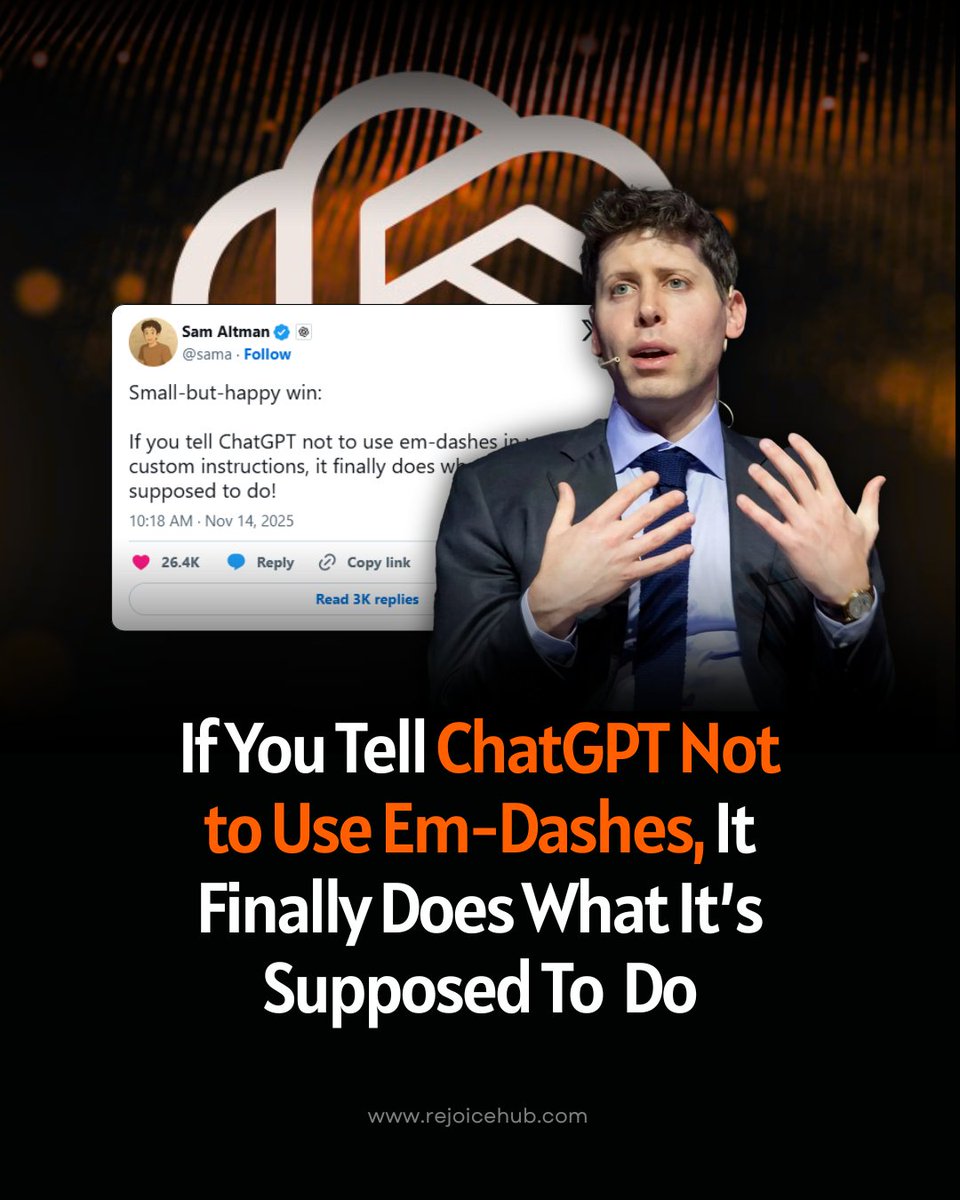 Rejoicehub's tweet image. OpenAI says it has finally fixed ChatGPT’s em-dash issue.
.
ChatGPT now listens when you ask it to avoid them, and the update is being called a “small-but-happy win".
.
#rejoicehubllp #OpenAI #ChatGPT #AIUpdate #TechNews #TechTrending #AIRevolution #FutureOfAI #Innovation
