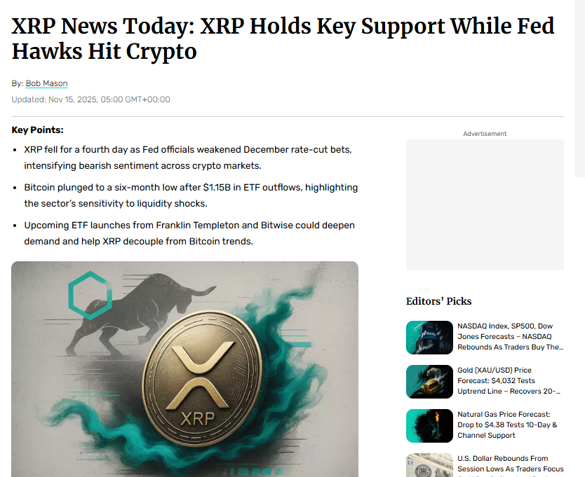 web3_future_'s tweet image. XRP News Today: XRP Holds Key Support While Fed Hawks Hit Crypto

FOMC members downplayed the chances of a December Fed rate cut on Friday, November 14, sending XRP lower for a fourth consecutive day.

#PDPD #PeggyTheDeadPoolDog #BinanceWallet #BNBChain #XRP #Web3Future #crypto