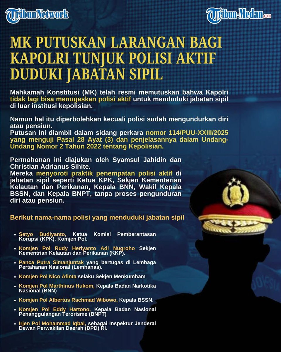 Konsewensi putusan MK, anggota Polri aktif yg menduduki jabatan sipil, musti mundur atau mundur dari dinas Polri. Pilih salah satu, enak aja duduk di 2 lembaga.