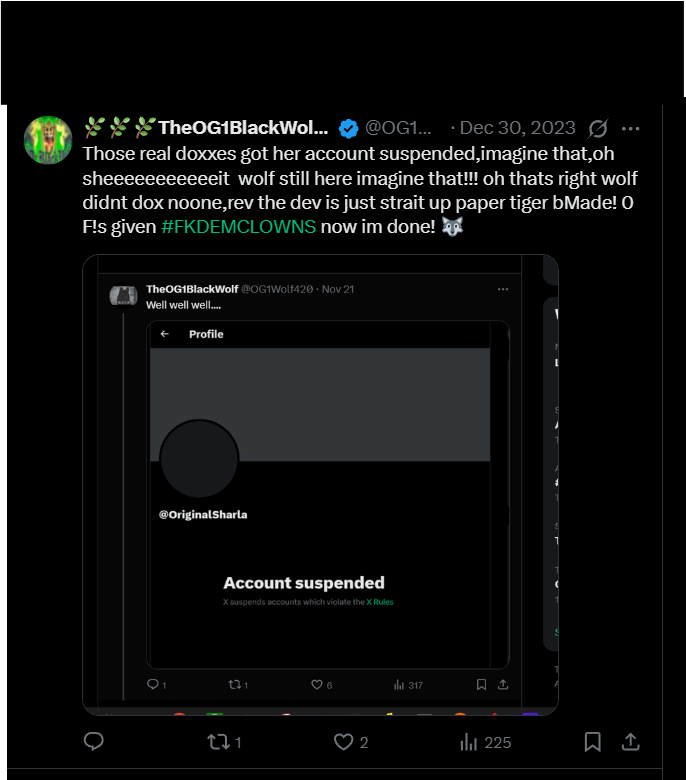 THIS S**T SHOULDA BEEN OVER RIGHT HERE WHEN YOU DOXXED ME,MY INFO WAS NOT OUT THERE,YOU DOXXED OTHERS YOU TREID TO DOX OTHERS,TWITTER BANNED YOU,YOU DO NOT I REAPEAT WITH ALL YOUR FN WHITE PRIVILEGE YOU DO NOT GET TO COME BACK AN CLAIM HARASSMENT FROM PEOPLE LIKE MYSELF THAT YOUR