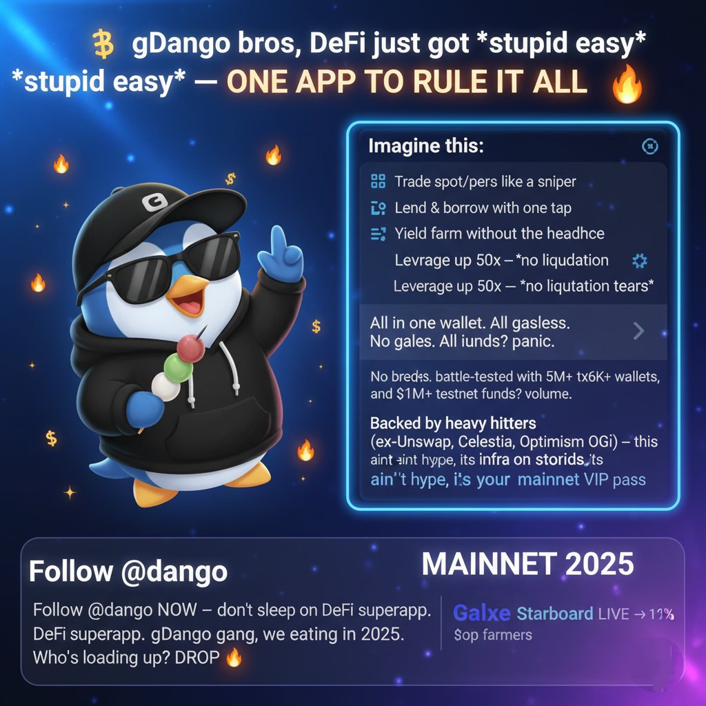 ovroahmedMod's tweet image. 🍡 gDango @dango bros, DeFi just got stupid easy, ONE APP TO RULE IT ALL 🔥  

Imagine this:  
- Trade spot/perps like a sniper  
- Lend &amp;amp; borrow with one tap  
- Yield farm without the headache  
- Leverage up to 50x, no liquidation tears 

All in one wallet. All gasless. All…