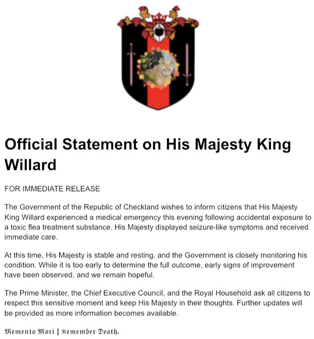 ChecklandGov's tweet photo. Statement from His Majesty’s Office.
#Checkland #Micronation https://t.co/zEu874ZhHc