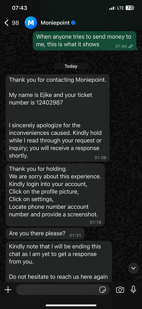 Teeto_joseph's tweet photo. @moniepointng this is such a silly way to handle customer complaints. I laid a complaint at 7:44am yesterday, only to wake up to messages from your customer service rep sent at MIDNIGHT. 1am-3am. And then you’re closing the ticket because I didn’t respond at MIDNIGHT?? https://t.co/IAdsI9Y64m