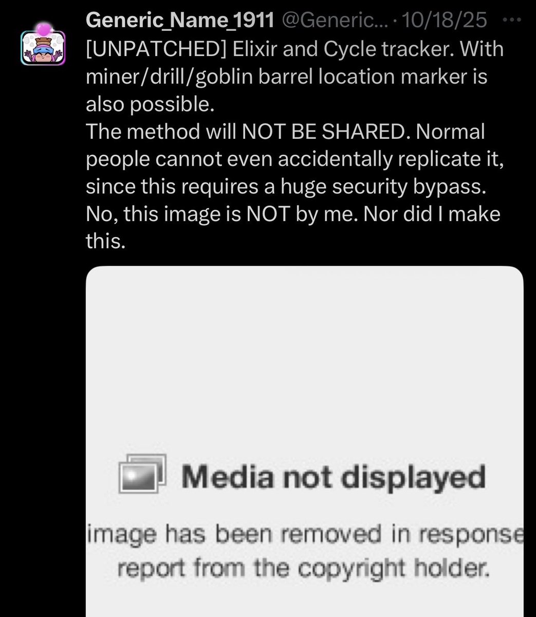 🚨BREAKING NEWS🚨
<a href="/mat2kk/">Mat</a> has recently been caught deleting an image of him using cheats that track your opponents elixir, cycle, and can show where drill/barrel/miners go. he used this to get his recent best finish
