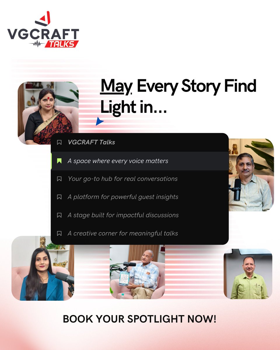 VGCRAFTTalks's tweet image. 🔥🎙️ WHERE BIG IDEAS MEET A BOLD PLATFORM 🎙️🔥

Turn your voice into impact with VGCRAFT Talks — a space crafted for thinkers, creators, dreamers, and changemakers. ✨
👉 Book your slot today and let your ideas shine louder than ever! 🚀🔥
#VgcraftTalks #CreatorSpace #BoldIdeas