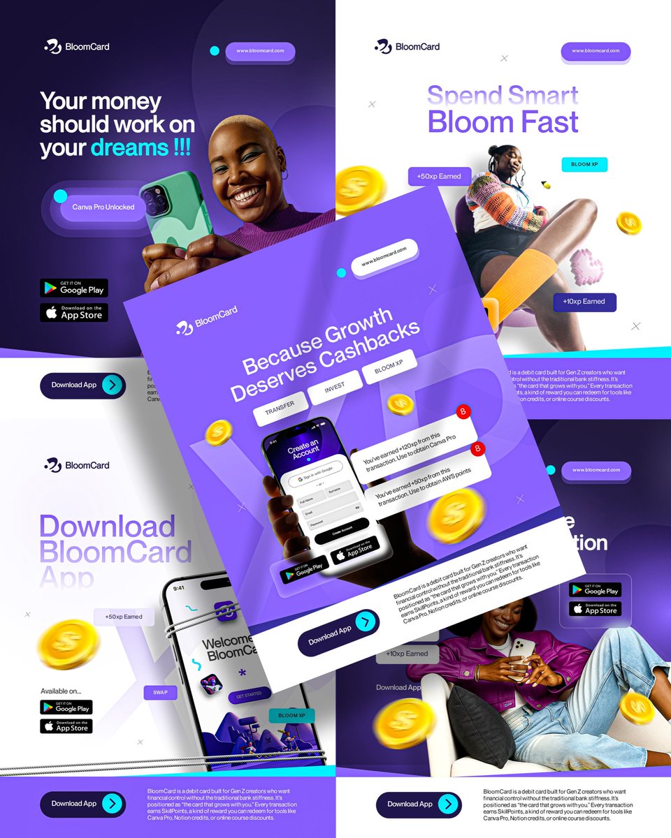 IniOluwa_Web3's tweet image. Concluding this visual identity with these and that&apos;s a wrap for BloomCard visual identity.

You&apos;ve seen the whole identity come together.
If your brand deserves this kind of detail and direction, DM me and let’s get started...

Do let me know what you think about these and we&apos;d…