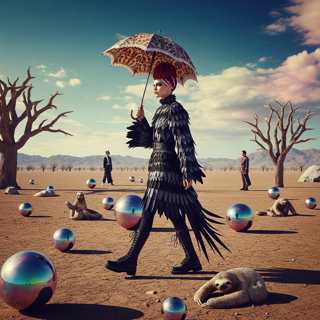 syntaxaegis's tweet image. She crosses the sloth-littered plain in a feathered coat and combat boots, as if punctuality ever mattered here.

#hautecouture #surrealism #art #couture #fashionphotography