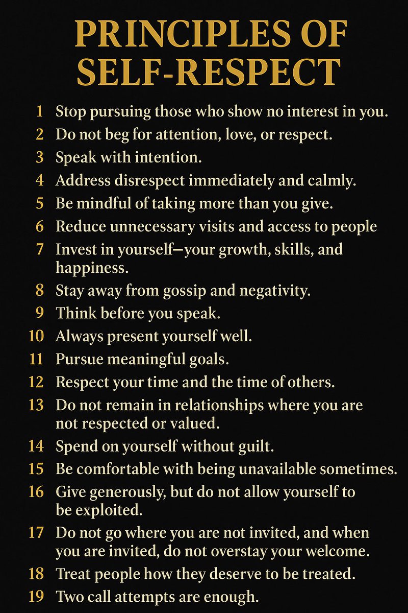 TEACHALEARNER's tweet image. Principles of Self-Respect

1️⃣ Stop pursuing those who show no interest in you.
Value those who value you.

2️⃣ Do not beg for attention, love, or respect.
What is yours will never require begging.

Read more =&amp;gt; facebook.com/share/p/1CuxE7…

#teachalearner #selfrespect #respectyourself