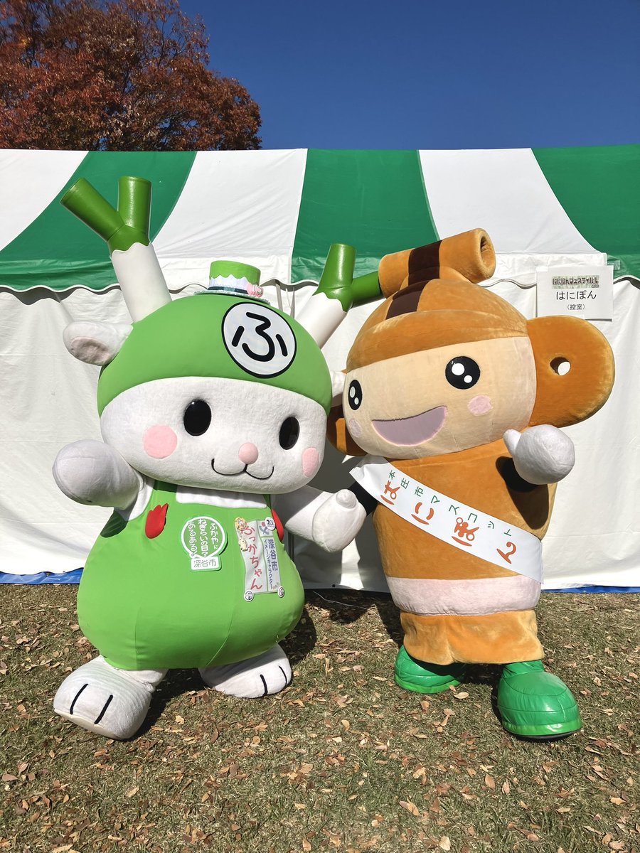 fukkachan's tweet image. 青空と紅葉に囲まれてイベントは大盛況🍁

と〜っても楽しかったよぉ！
改めてはにぽんおめでとぉ♪Y(o0ω0o)Y
これからもお隣でまちを盛り上げていこうねぇ♪
#はにぽんフェスティバル2025