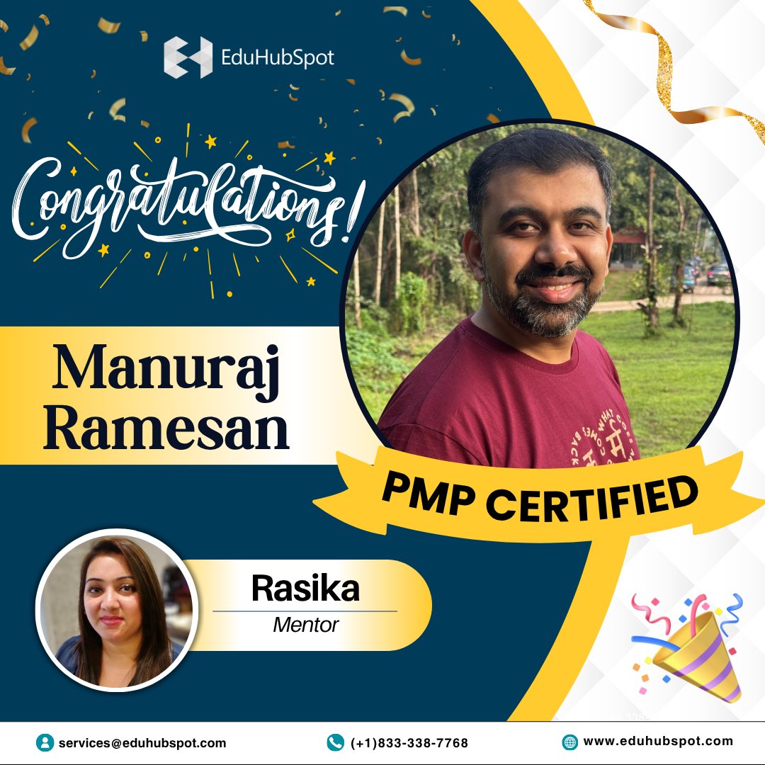 eduhubspot's tweet image. #SpotYourSuccess 🏆
 Congratulations on achieving your PMP Certification, Manuraj Ramesan! You have made us proud by achieving this certification. Wishing you more such milestones in the days to come!
 
 Mentored by : Rasika Inamdar PgMP®, PMP®, PMI – ATP®