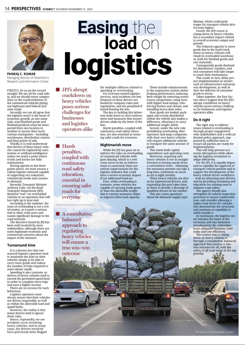 happypankaj's tweet image. This week&apos;s @starbizmy column explores the issue on the clampdown by @JPJ_Malaysia towards heavy vehicles for overloading. There are economic and logistic concerns to ensure we are not causing undue harm to the economy as well as logistic network