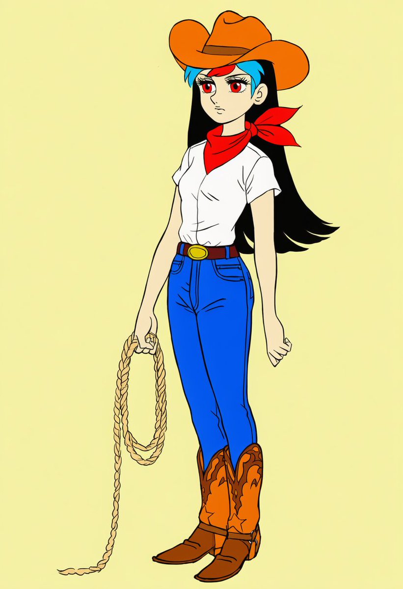 AI_Illust_000's tweet image. 使えるかもしれないプロンプト(NovelAI V4.5 Full)

｢1930s (style)｣
｢retro artstyle｣の派生タグ。
1930年代をイメージした絵柄を指すタグ。

｢cowgirl (western)｣
カウボーイの格好をした女の子。

｢lasso｣
投げ縄。
対象に投げつけて拘束する目的で使用する縄。