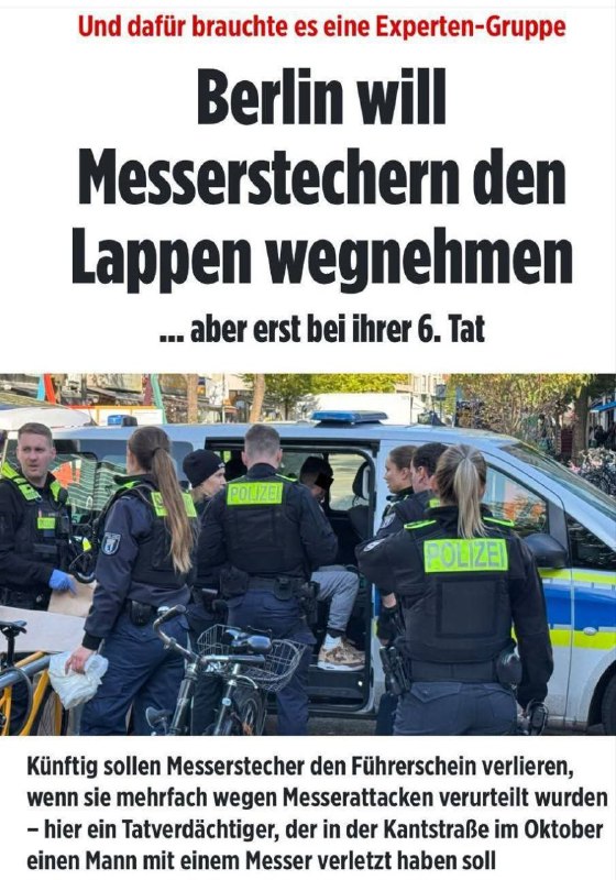 In Berlin gibt es nun eine Regel, die bei wiederholter Messergewalt „hart“ durchgreift: Wer innerhalb von 24 Monaten sechsmal ein Messer zieht und damit eine Straftat begeht, verliert den Führerschein. Praktisch bedeutet das: Nach fünf solcher Vorfälle kann man noch Auto fahren –