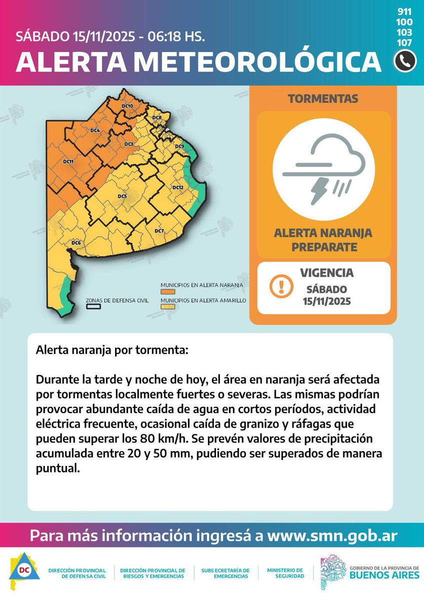 ⚠️ Atención | 🟠 Alerta Naranja por tormentas ⛈️

Durante la tarde y noche de hoy, el área noroeste de la provincia se verá afectada por tormentas fuertes o severas, con abundante lluvia en poco tiempo. Se prevén actividad eléctrica, ráfagas >80 km/h y posible granizo.