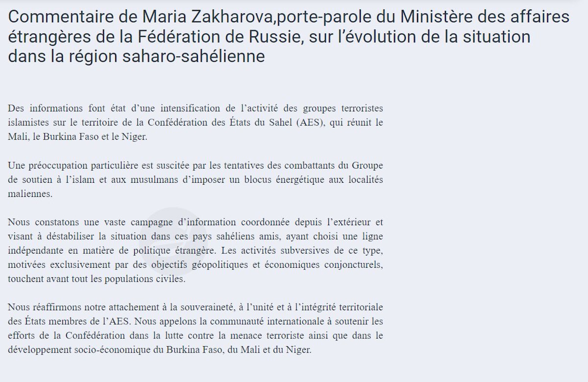 julesdhl's tweet image. The 🇷🇺#Russian Ministry of Foreign Affairs publishes a commentary noting the increased activity of terrorist groups in the Sahel, and JNIM&apos;s fuel blockade in 🇲🇱#Mali.

It also denounces the &quot;externally coordinated information campaign&quot; aimed at destabilising the AES countries.