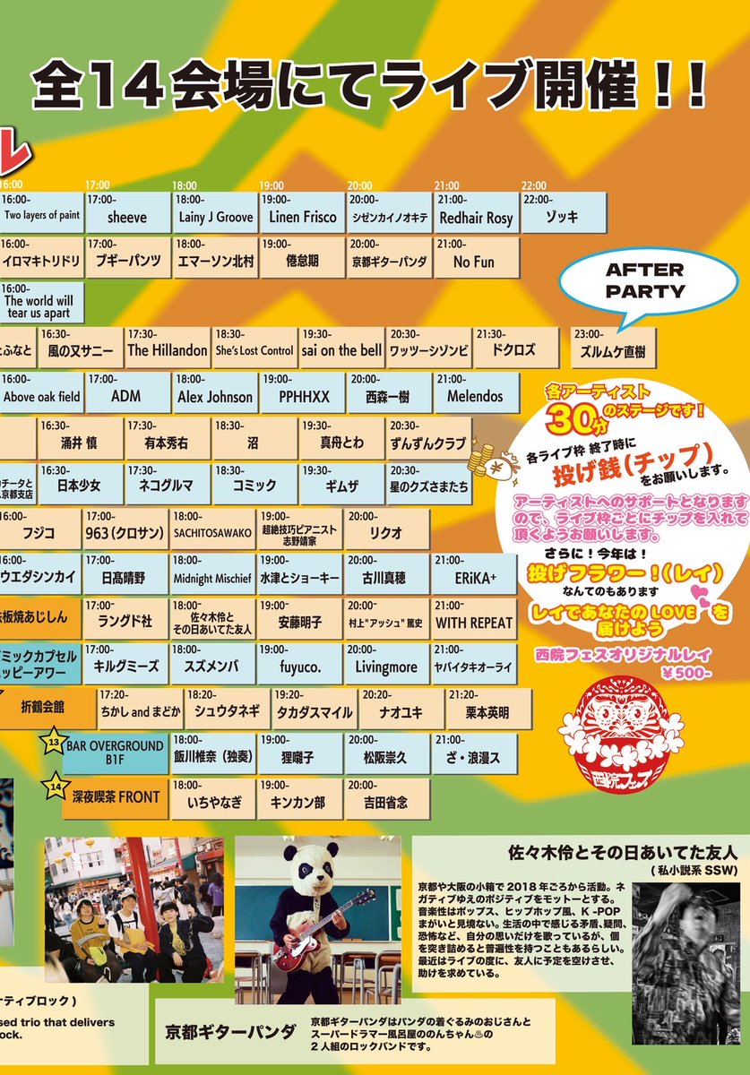 2025年11月23日（日祝）
西院フェス2025
sai on the bell出演します！ネガポジにて19:30から！入場無料の投げ銭ライブです。全14会場でライブありますので皆さん是非是非お越し下さい！