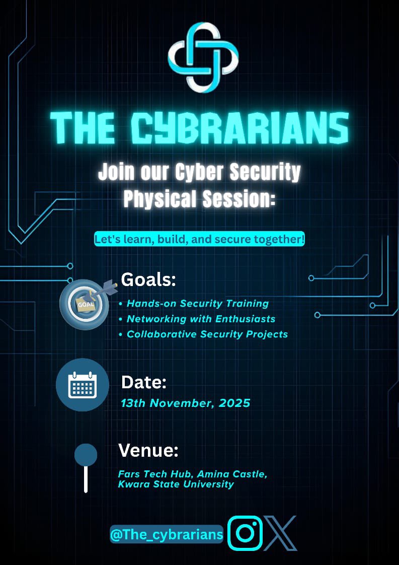 THE_CYBRARIANS's tweet image. Our first physical  session! 🖥️🔥 Intro by Fashina Mercy ✨, led by Aremu Abdulkareem 👨‍🏫, and smoothly moderated by Lukman Abdulbasit 🎧. Amazing energy, teamwork, and growth! 🚀🙌
@OnijeC 
 #CiscoLab #CyberSecurity #TechCommunity #SkillUp