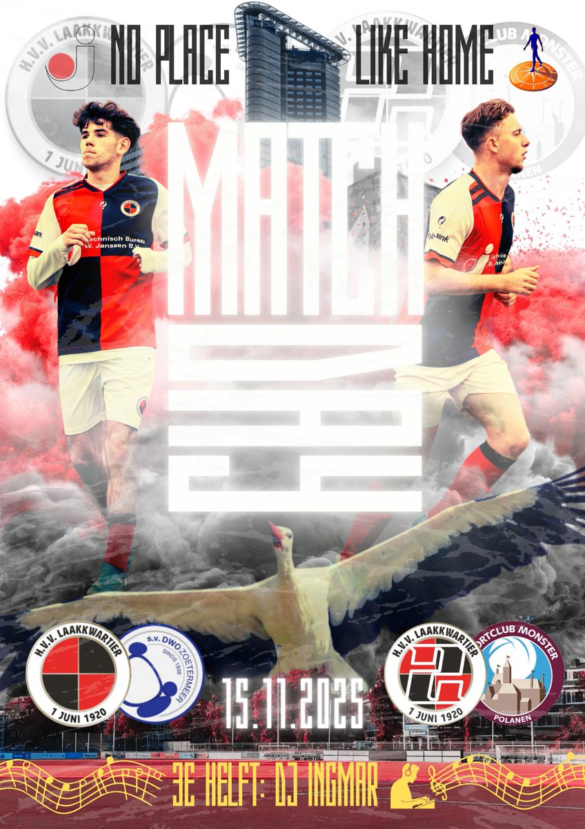 M A T C H D A Y 

Om 12.30 uur speelt Lakwa 2 thuis tegen sc Monster.

Deze wedstrijd wordt gevolgd door de thuiswedstrijd van Lakwa 1 tegen DWO.

We hebben ook nog een derde helft en die wordt verzorgd door DJ Ingmar. Het beloofd dus een mooie dag te worden.

Tot straks 👋