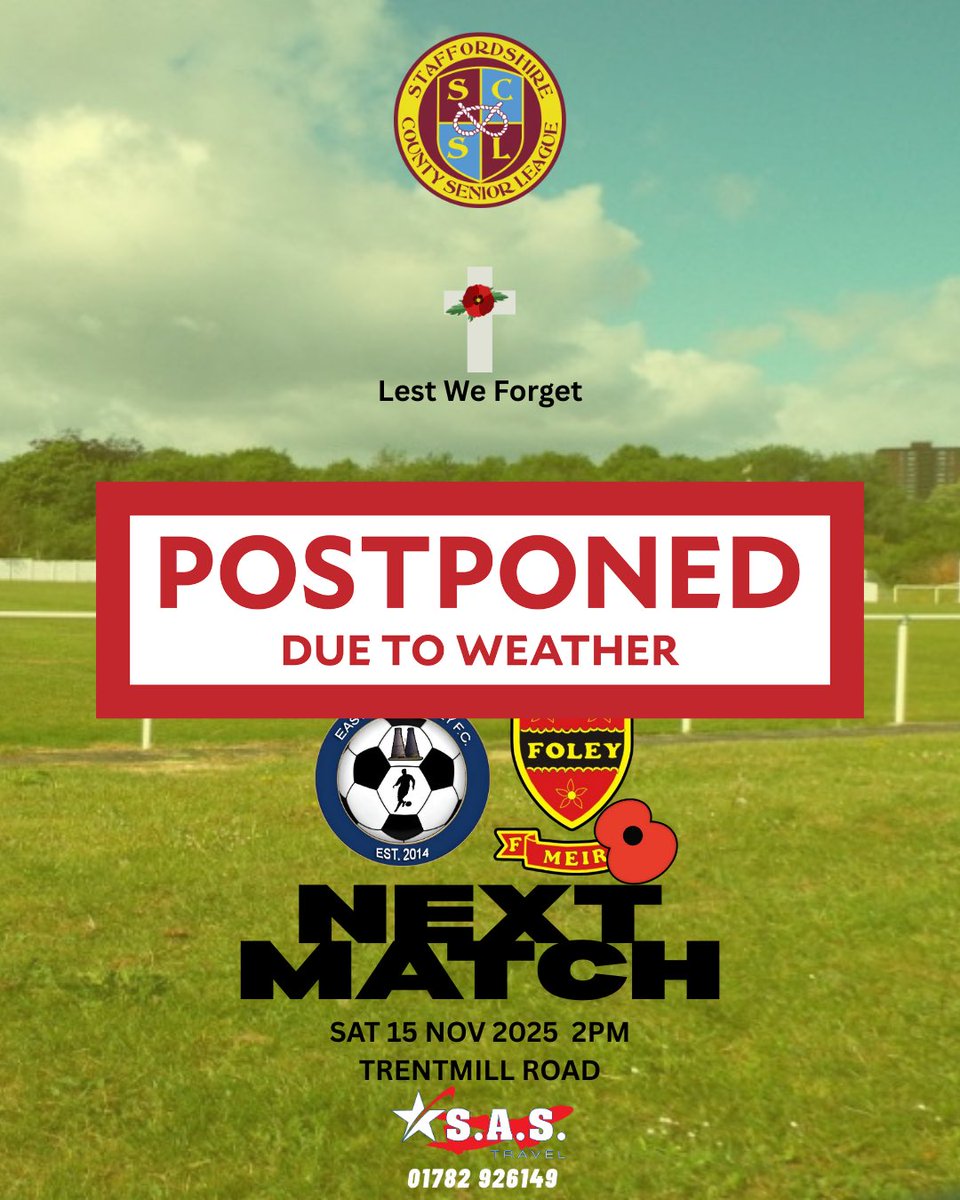 foley_fc's tweet image. 📢 SCSL GAME OFF

Today’s Staffordshire County Senior League fixture for our SCSL side has been called off due to a waterlogged pitch at Trentmill Road.

A rearranged date will be confirmed soon.

🌧️ Frustrating one for the lads, but the weather wins again.