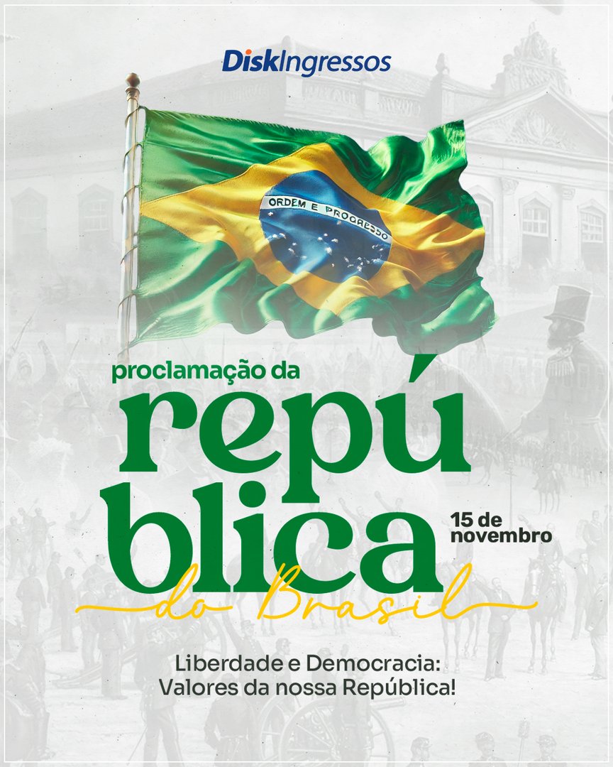disk_ingressos's tweet photo. Hoje é dia de lembrar nossa história e reforçar os valores da República: liberdade e democracia.

Que a pluralidade do povo brasileiro siga guiando nossos passos rumo a um país mais justo e unido.✨

#ProclamaçãoDaRepública #Brasil #Cidadania #Democracia #DiskIngressos https://t.co/iHq3hGJwCi