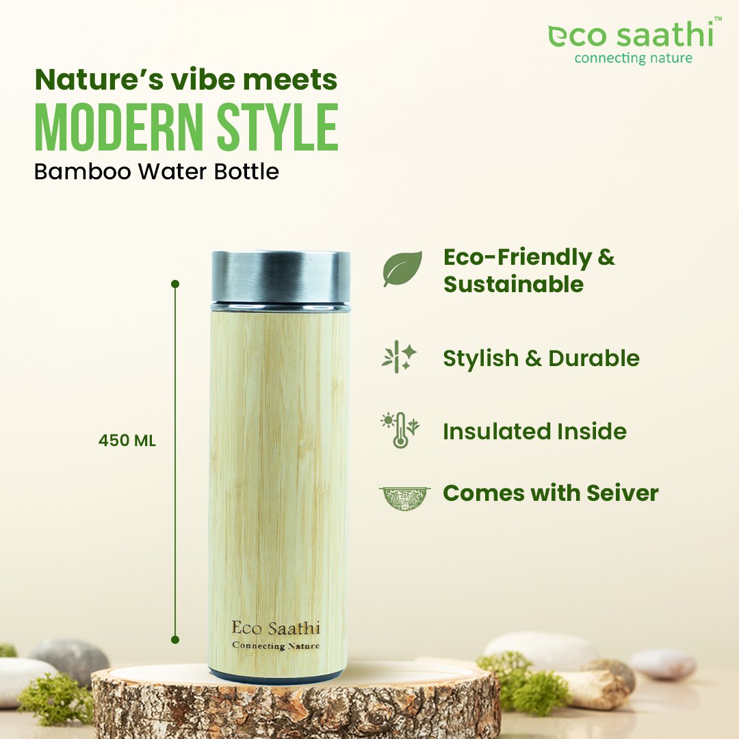 EcoSaathi's tweet photo. Eco Saathi’s Bamboo Water Bottle blends nature with modern style. Made from sustainable bamboo, it’s durable, insulated, and perfect for everyday hydration. Designed for conscious users, it includes a built-in sieve, offering a stylish and eco-friendly way to stay refreshed. https://t.co/ouNPYINaVT