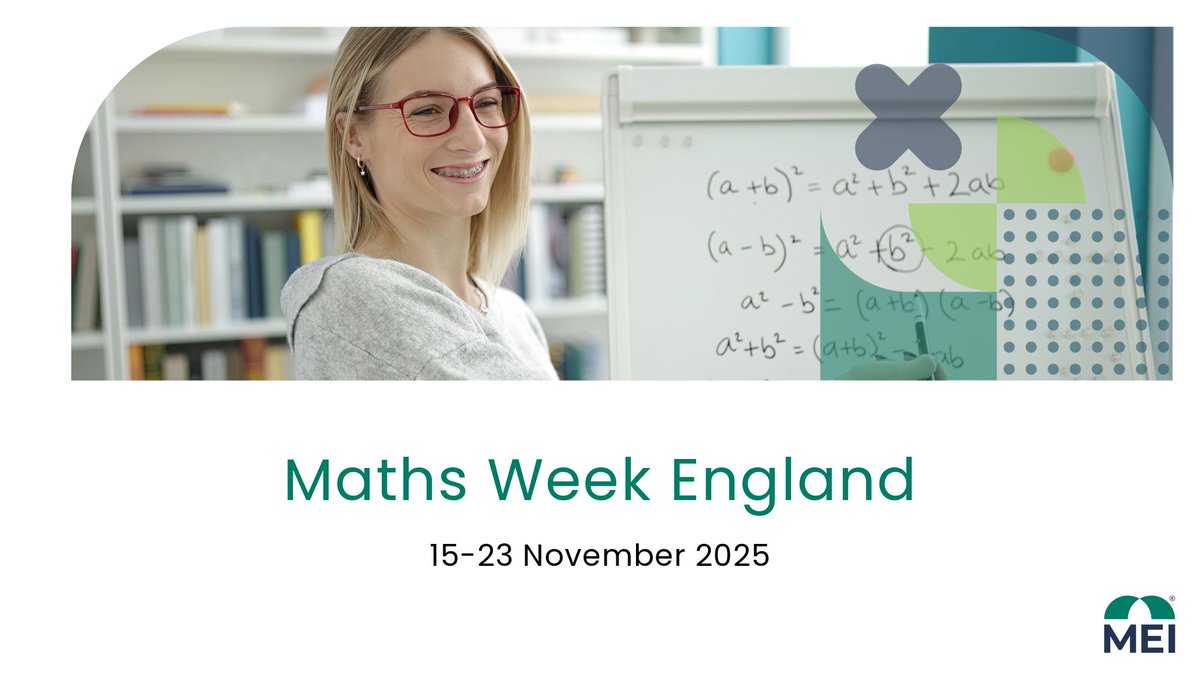 MEIMaths's tweet image. Get ready for #MathsWeekEngland 2025! 
From 15-23 Nov, join the FREE nationwide celebration making maths inclusive, creative &amp;amp; fun for everyone.
Enjoy daily puzzles, challenges &amp;amp; events for all ages – because maths matters! 
Sign up today: buff.ly/vf3wklv
#STEM #MathsWeek