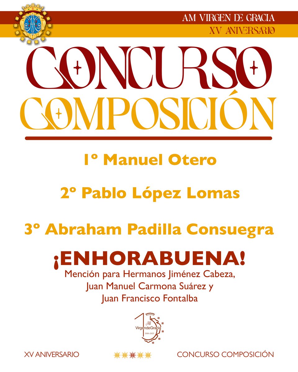 FALLO DEL JURADO
|| CONCURSO DE COMPOSICIÓN ||

Tal y como reflejaban las bases, hoy, 15 de noviembre, tenemos el placer de hacer público el resultado del concurso de composición por nuestro XV aniversario.

Premiados🏅🏆

1er premio para Manuel Otero
2do premio para Pablo López